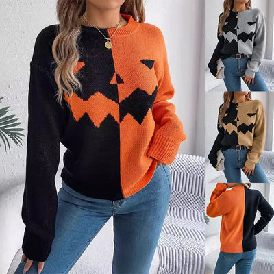 Halloween Contrast-color Pullover Sweater For Womens Doxrek