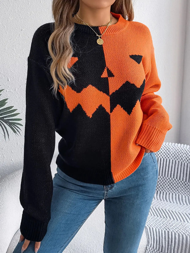 Halloween Contrast-color Pullover Sweater For Womens Doxrek