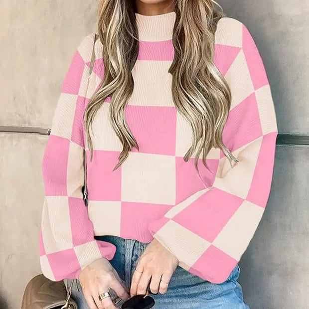 Women Fashion High Collar Long Sleeve Striped Rib Sweater Doxrek