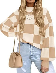 Women Fashion High Collar Long Sleeve Striped Rib Sweater Doxrek