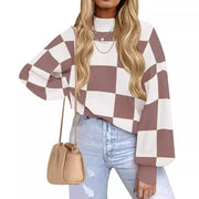 Women Fashion High Collar Long Sleeve Striped Rib Sweater Doxrek