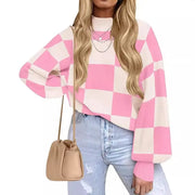 Women Fashion High Collar Long Sleeve Striped Rib Sweater Doxrek