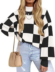 Women Fashion High Collar Long Sleeve Striped Rib Sweater Doxrek