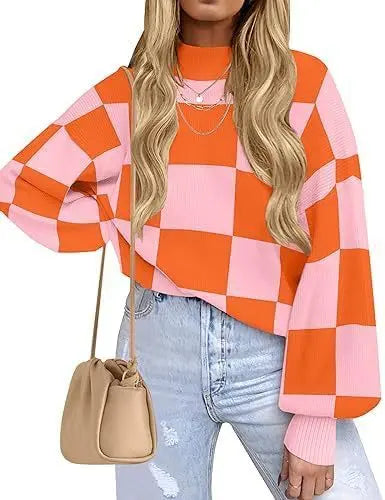 Women Fashion High Collar Long Sleeve Striped Rib Sweater Doxrek