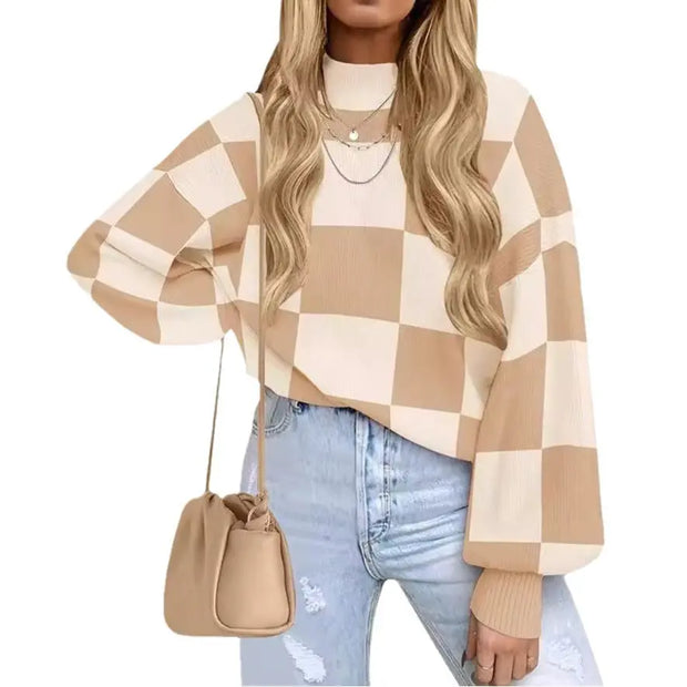 Women Fashion High Collar Long Sleeve Striped Rib Sweater Doxrek